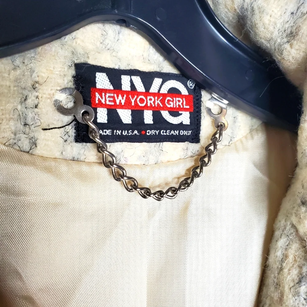 Vintage 80's ilgwu New York Girl wool like coat cream blue‎ stripes